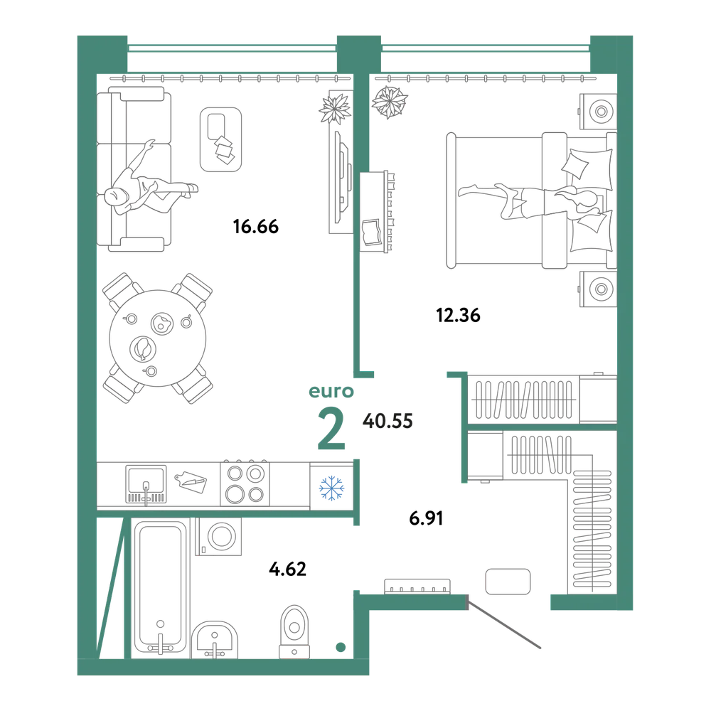 Планировка: Евродвушка 40,55 м²