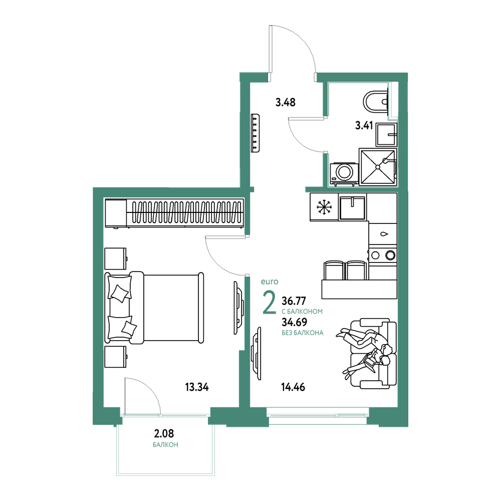 Планировка: Евродвушка 36,8 м²