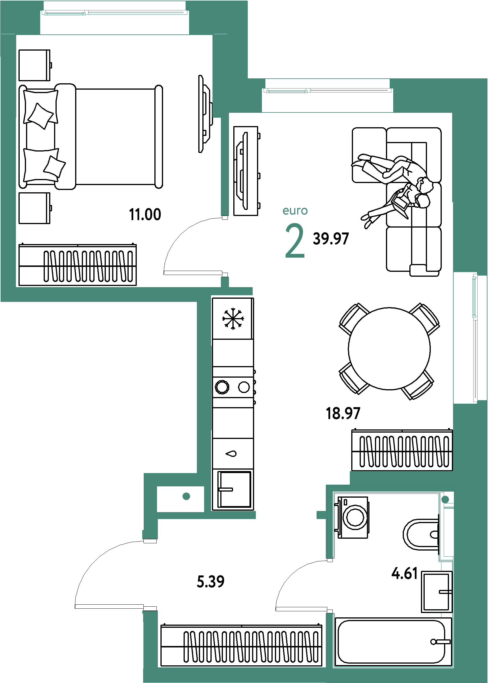 Планировка: Евродвушка 39,97 м² в ЖК «Домашний»