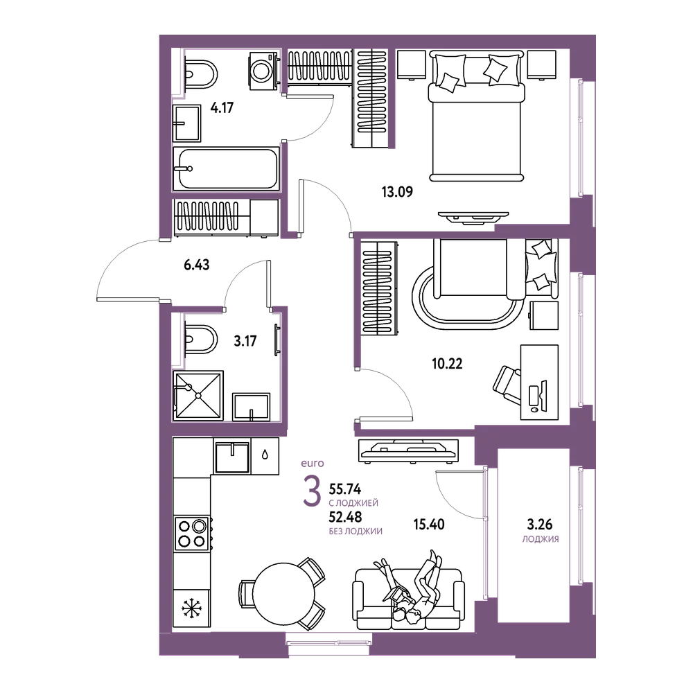 Планировка: Евротрёшка 55,74 м²