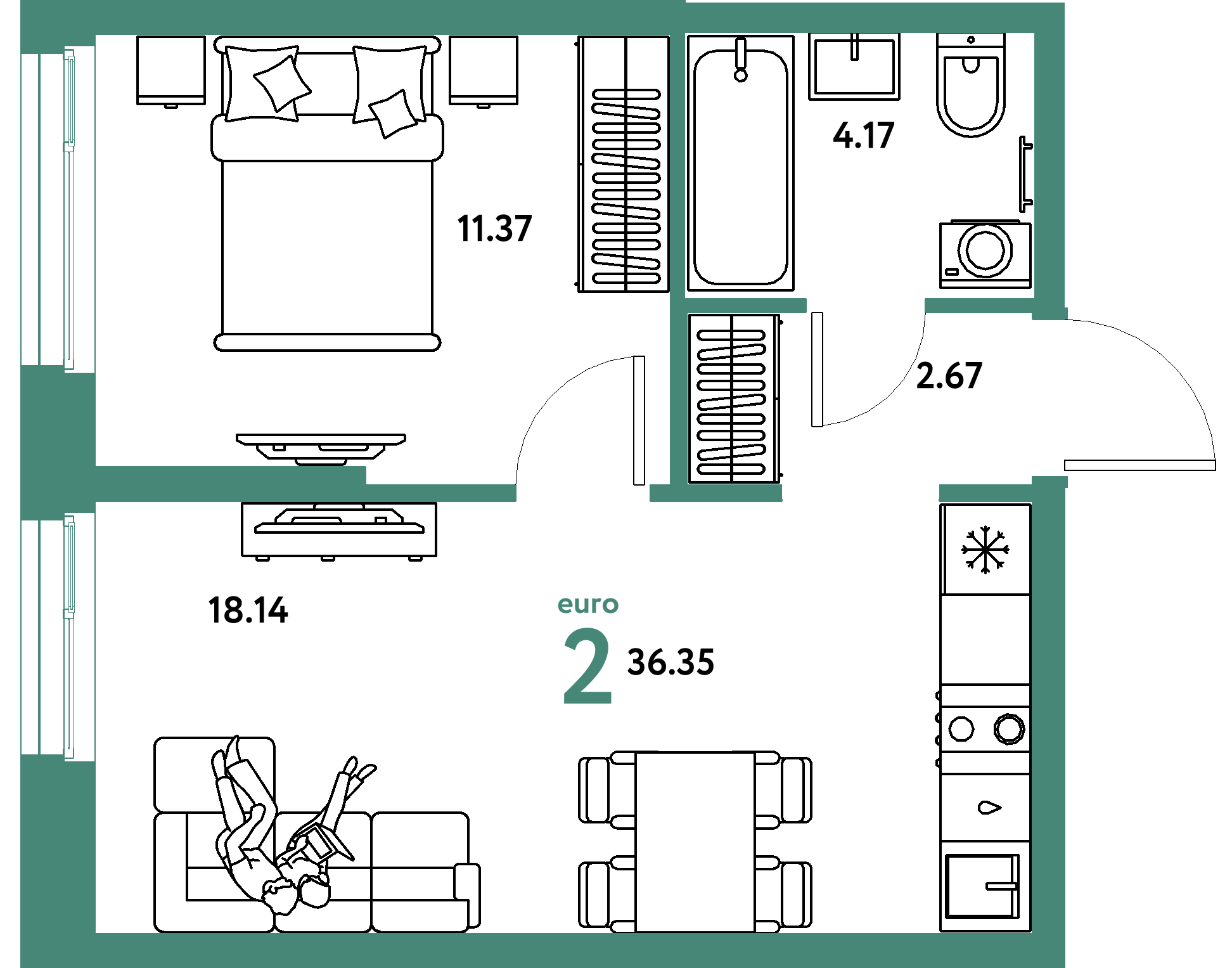 Планировка: Евродвушка 36,35 м² в ЖК «Европейский берег 2.0»