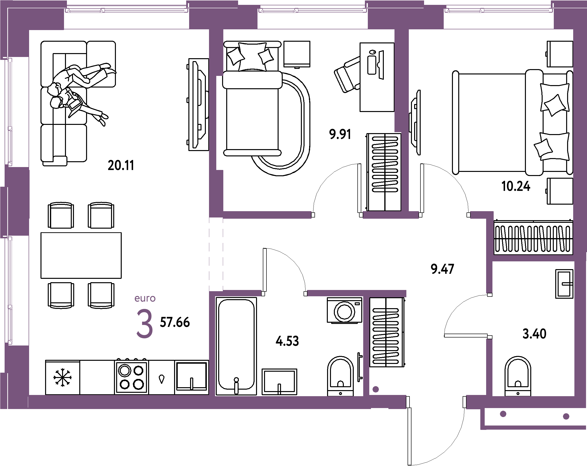 Планировка: Евротрёшка 57,66 м² в ЖК «Домашний»
