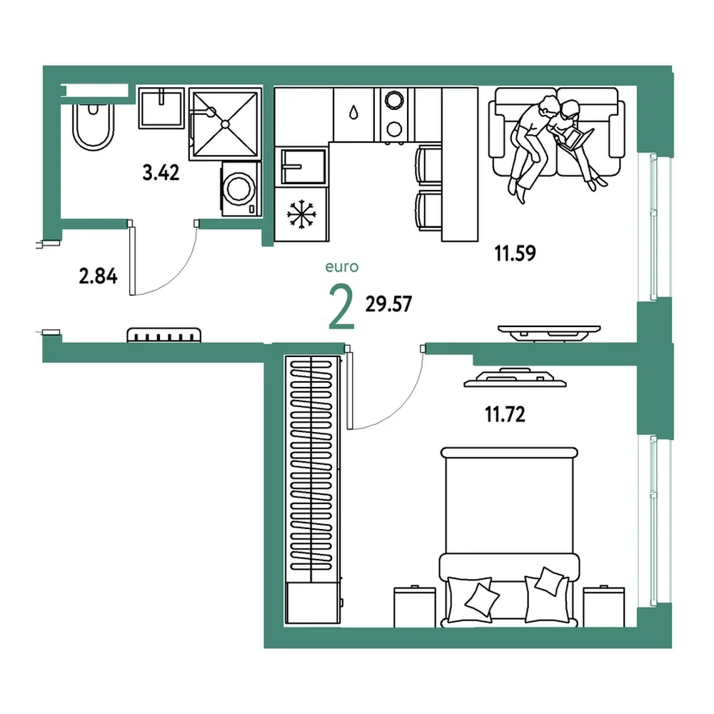 Планировка: Евродвушка 29,57 м²