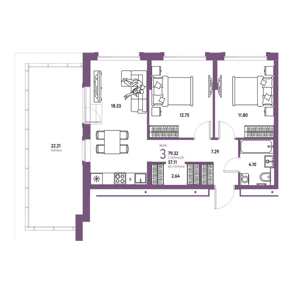 Планировка: Евротрёшка 79,32 м²