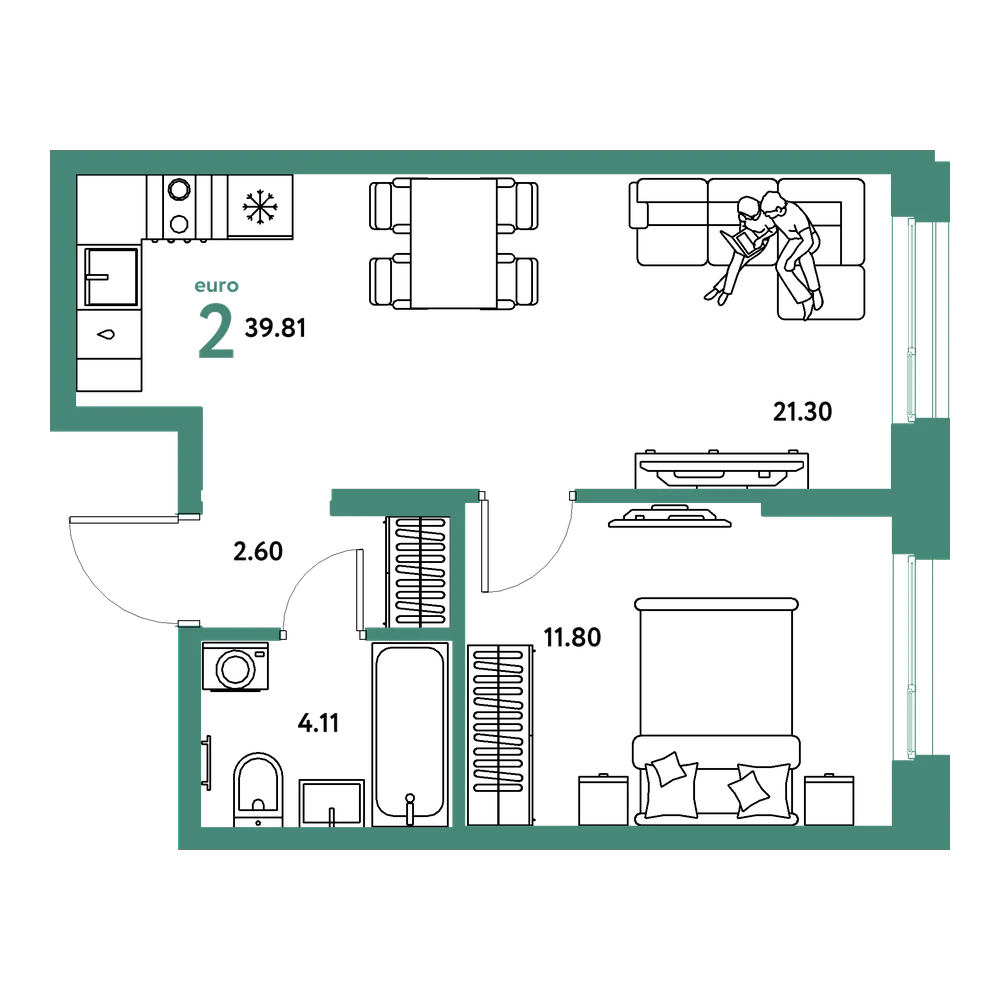 Планировка: Евродвушка 39,81 м²