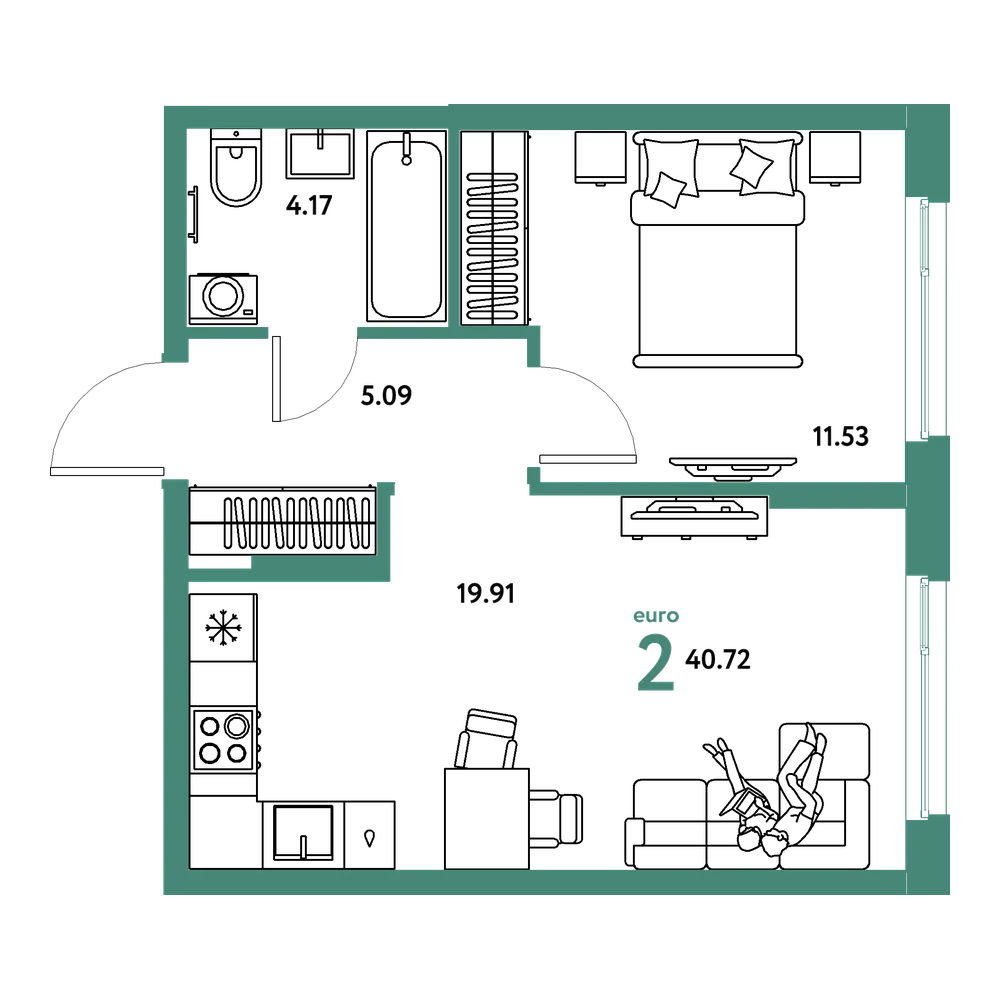 Планировка: Евродвушка 40,72 м²