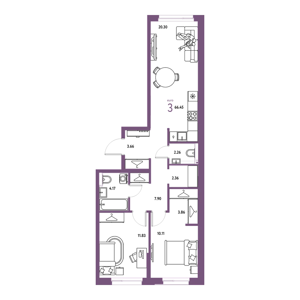 Планировка: Евротрёшка 66,45 м²