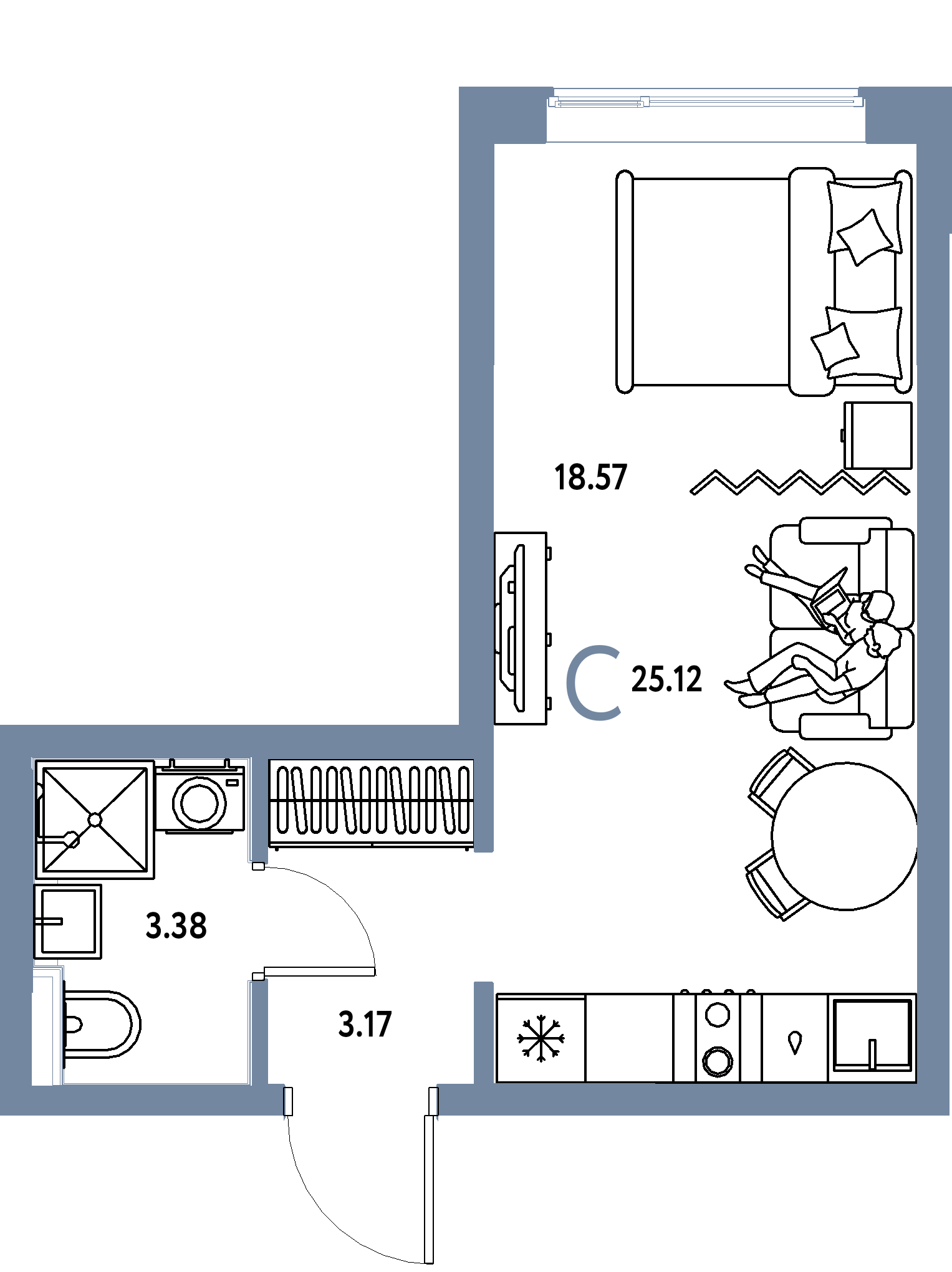 Планировка: Студия 25,12 м² в ЖК «Остров-сад»