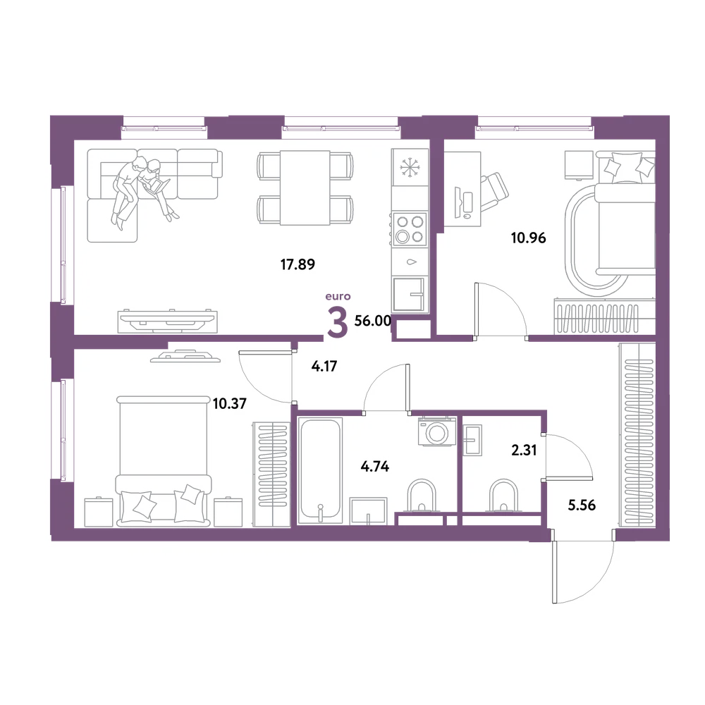 Планировка: Евротрёшка 56 м²