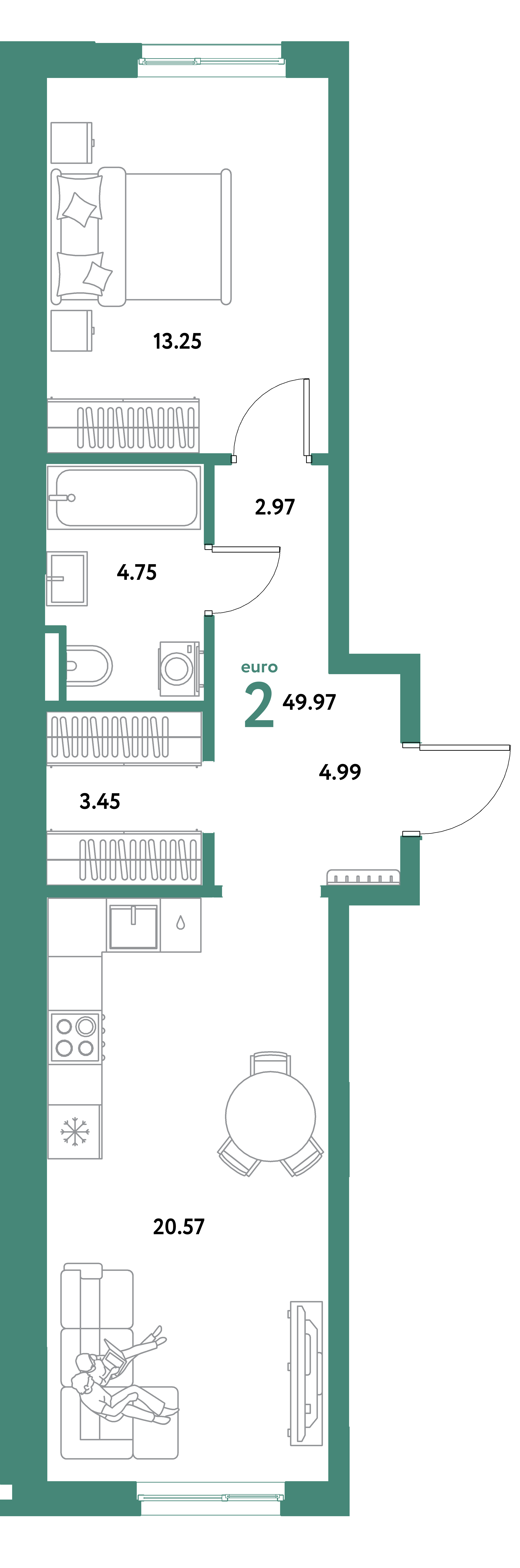 Планировка: Евродвушка 49,97 м² в ЖК «Остров-сад»