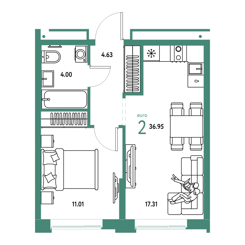 Планировка: Евродвушка 36,95 м²