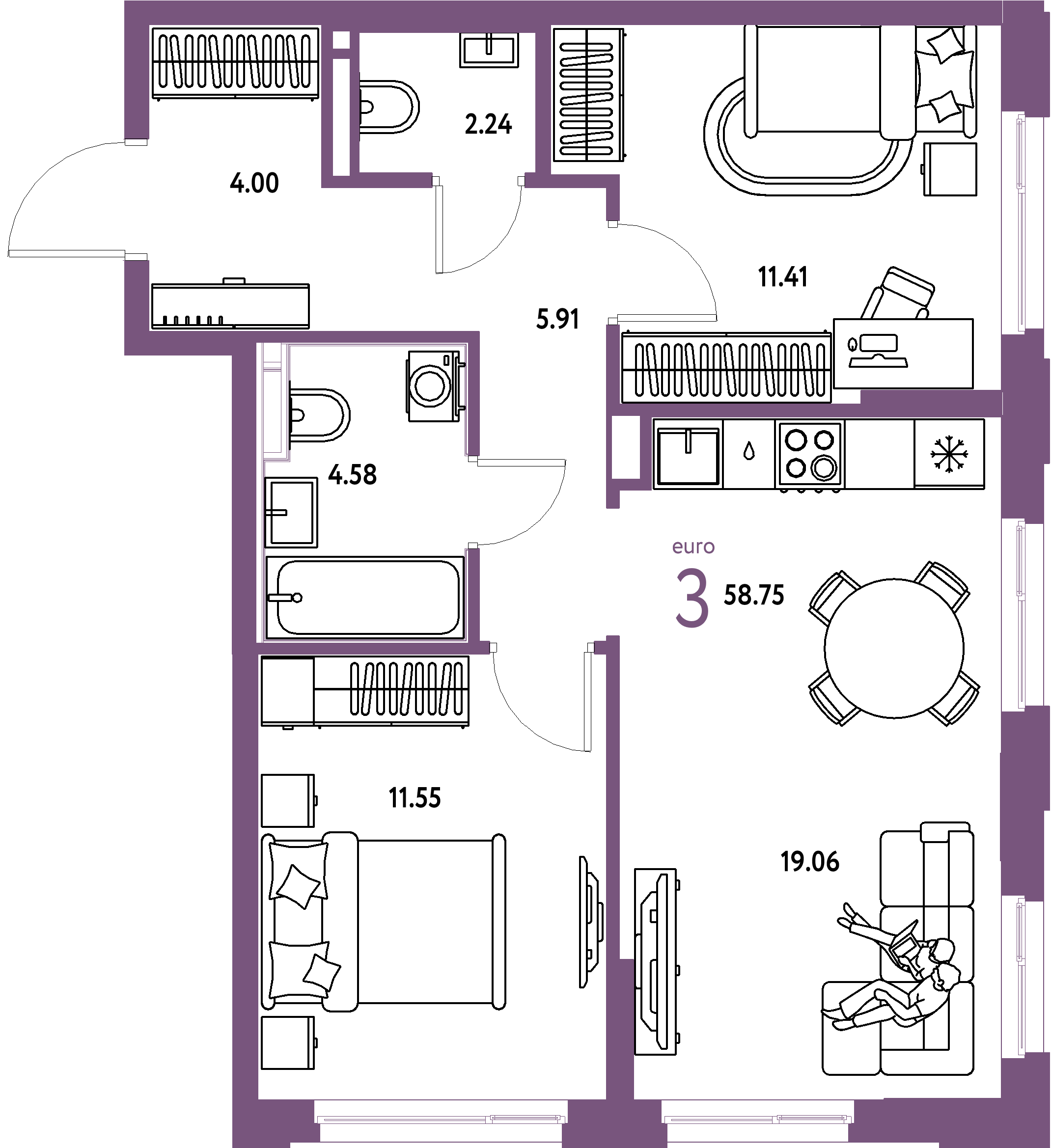 Планировка: Евротрёшка 58,75 м² в ЖК «Домашний»