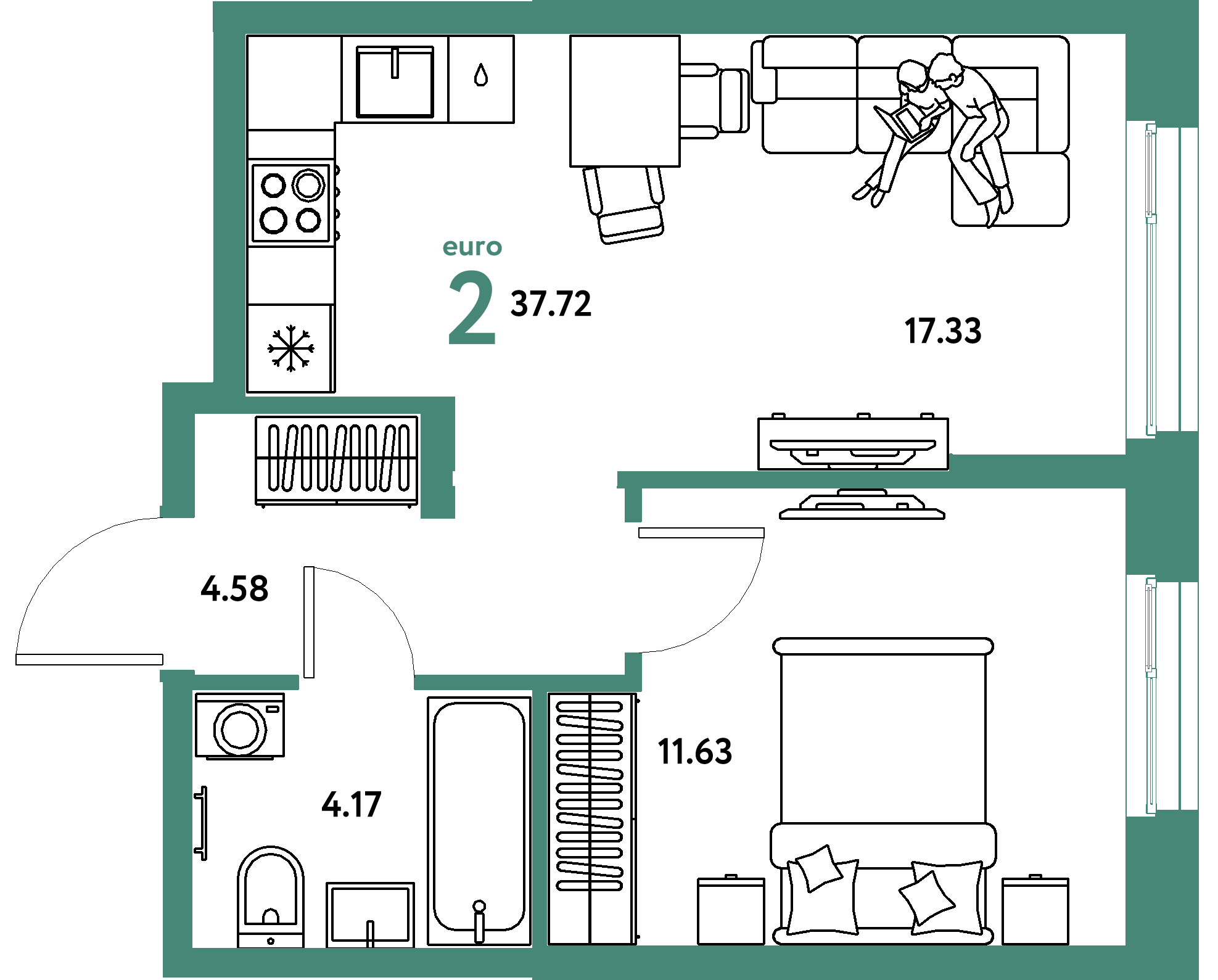 Планировка: Евродвушка 37,72 м² в ЖК «Европейский берег 2.0»