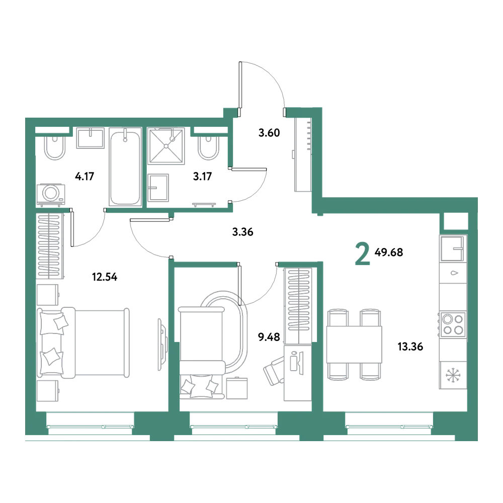 Планировка: 2-комнатная 49,68 м²