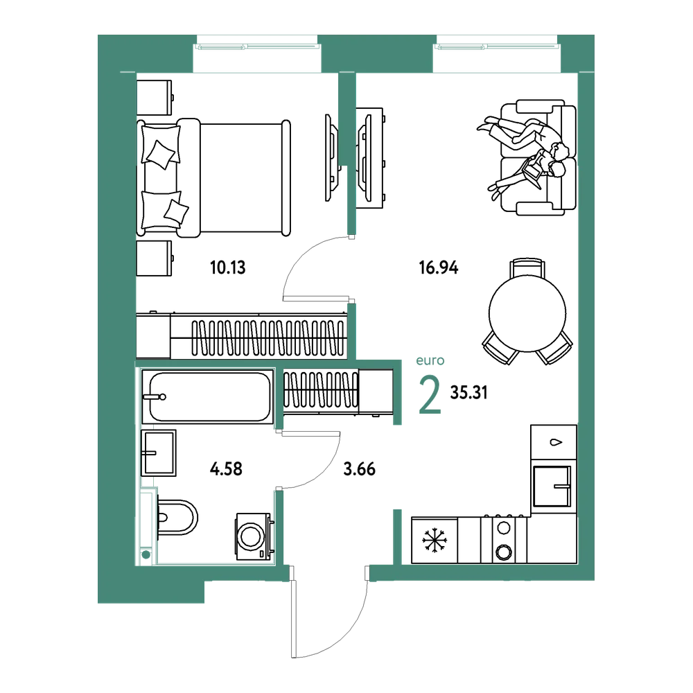 Планировка: Евродвушка 35,31 м²