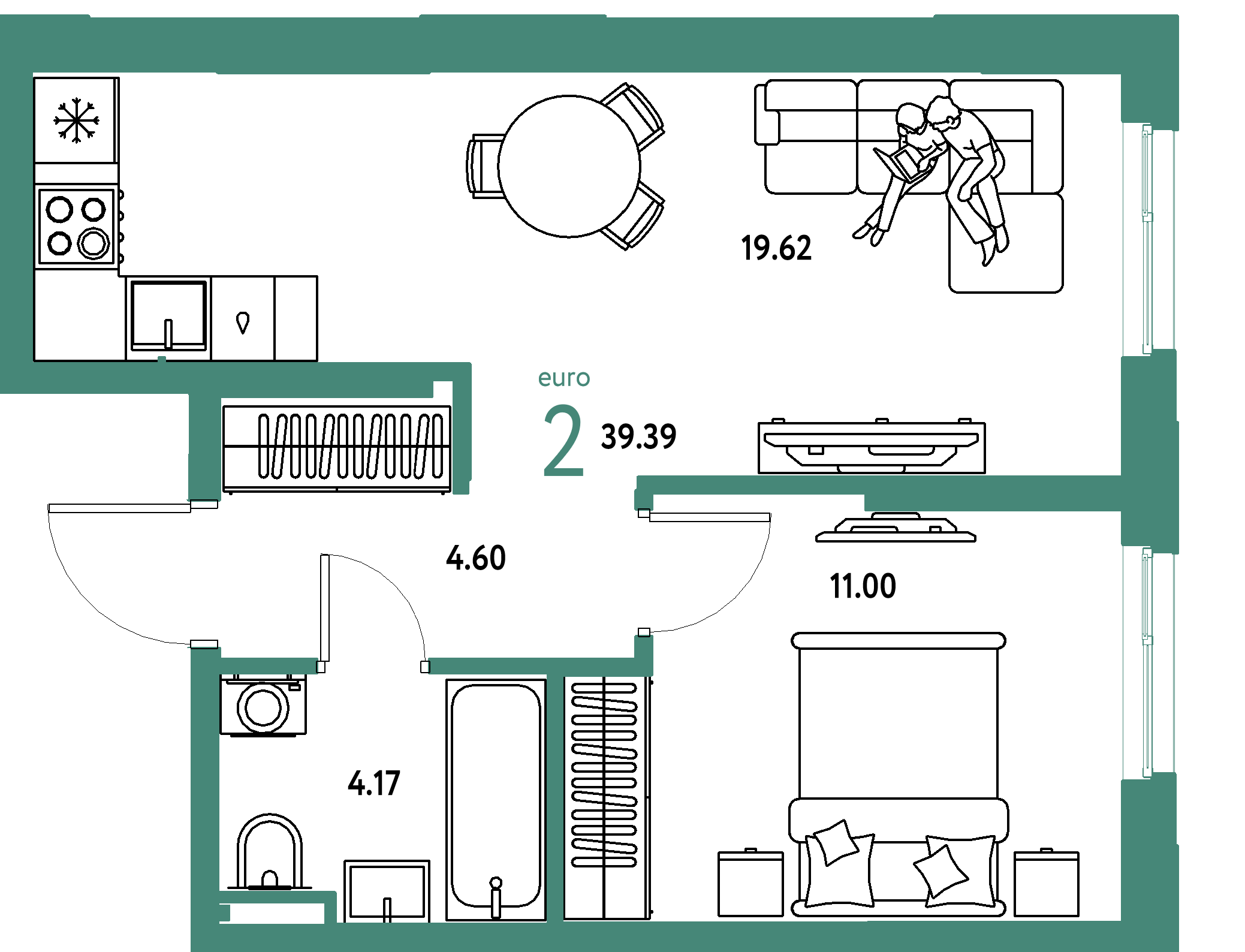 Планировка: Евродвушка 39,39 м² в ЖК «Остров-сад»