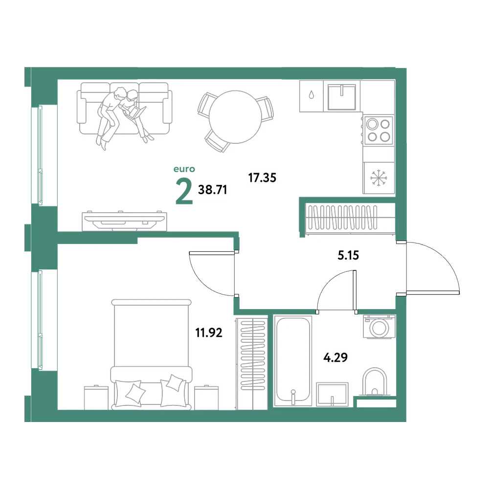 Планировка: Евродвушка 38,71 м²
