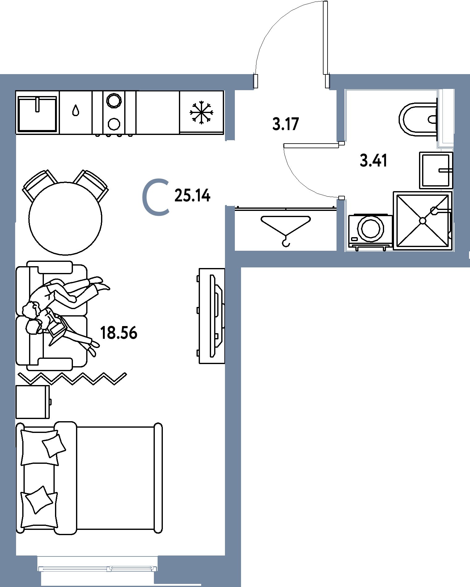 Планировка: Студия 25,14 м² в ЖК «Страна.Прибрежная»