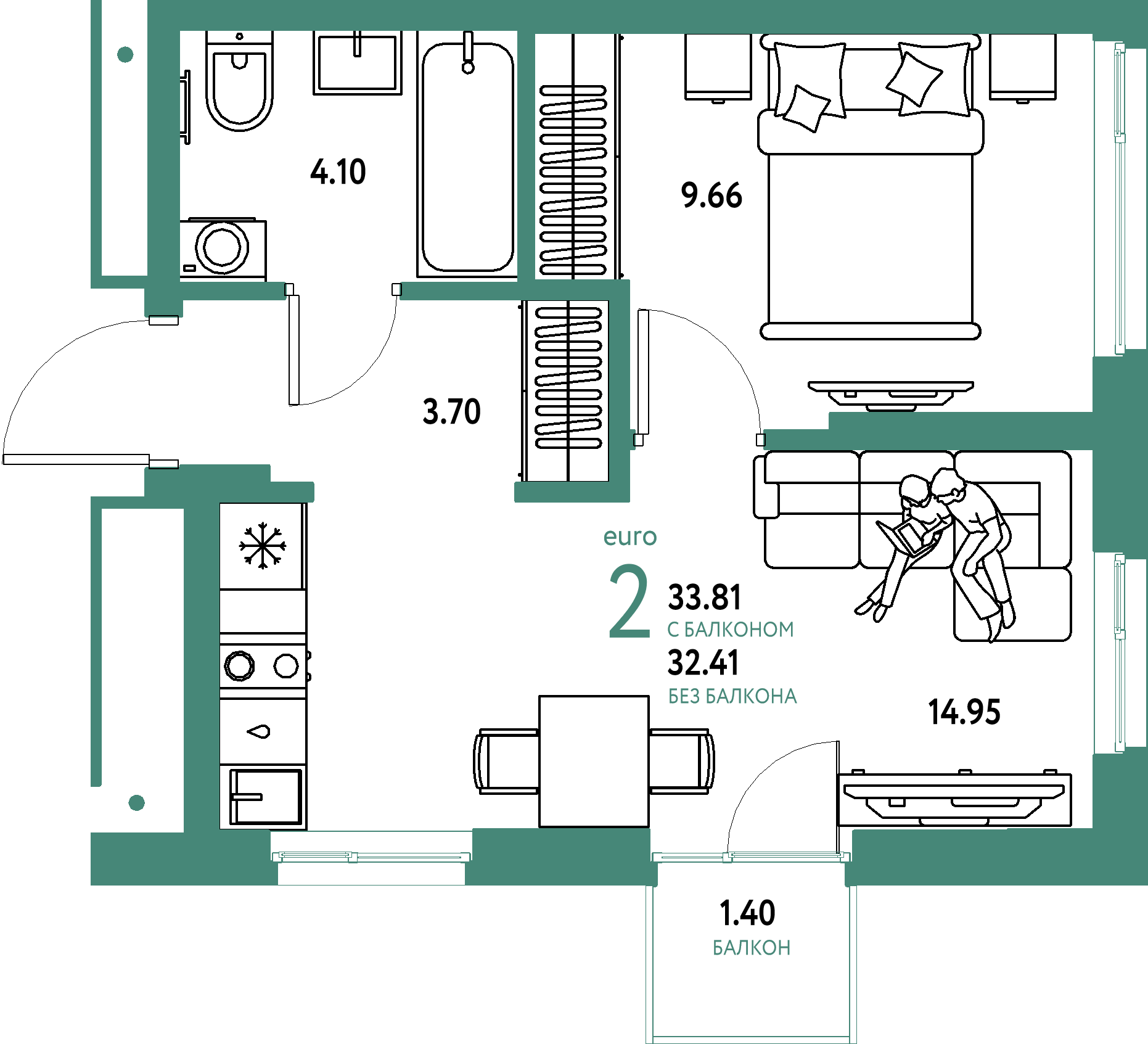 Планировка: Евродвушка 33,81 м² в ЖК «Домашний»