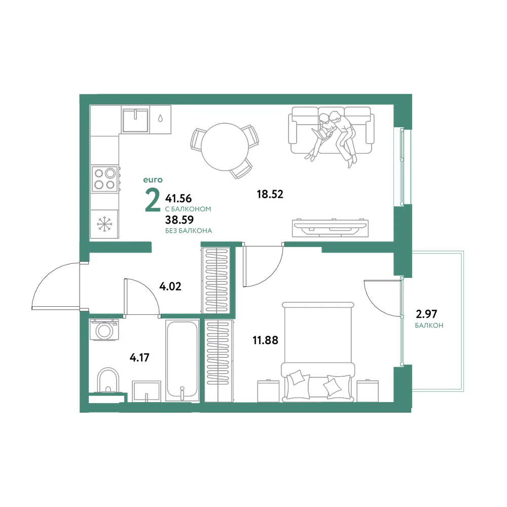 Планировка: Евродвушка 41,56 м²
