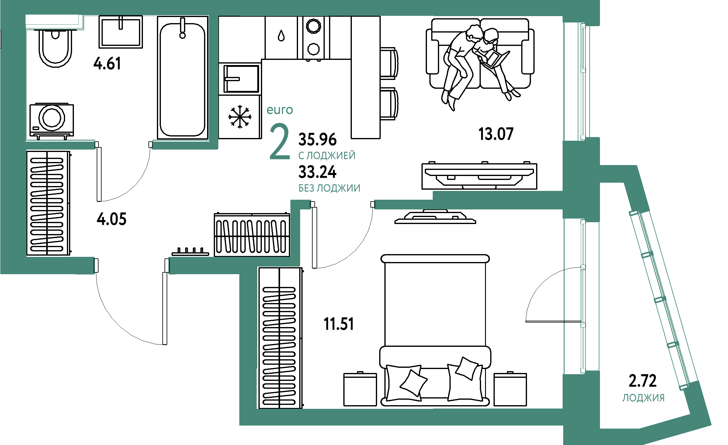 Планировка: Евродвушка 35,93 м² в ЖК «Остров-сад»