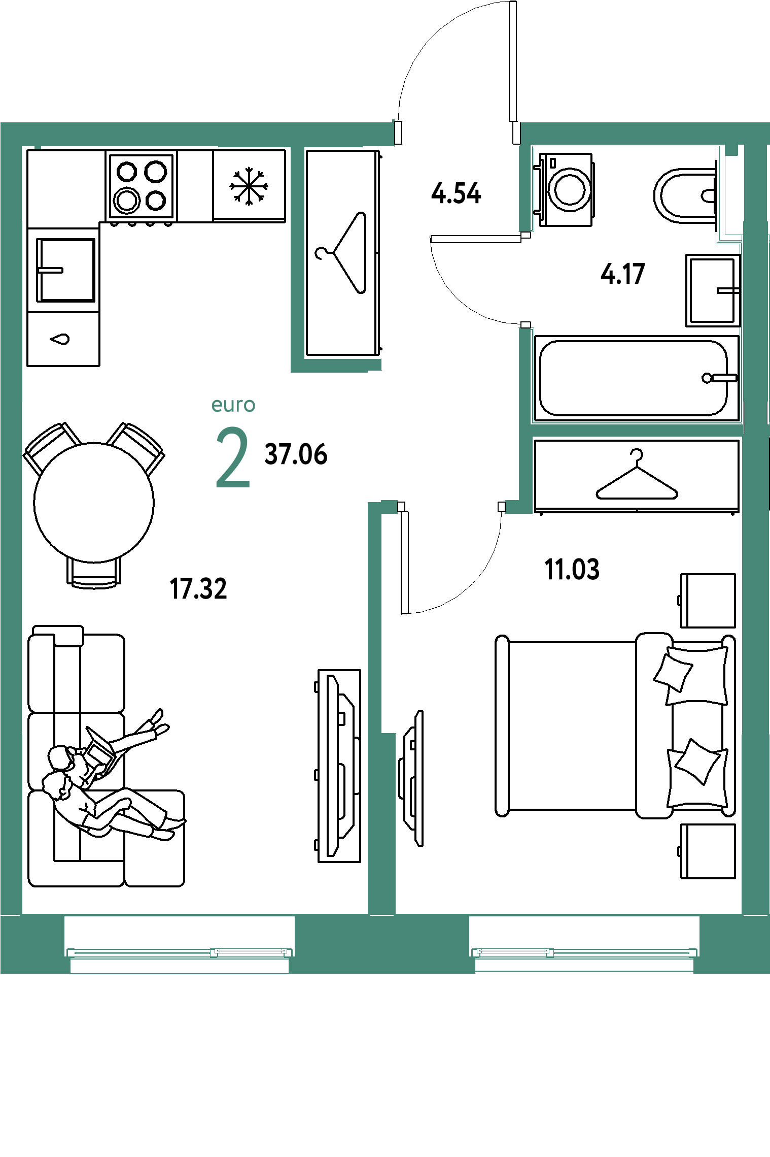 Планировка: Евродвушка 37,06 м² в ЖК «Европейский берег 2.0»