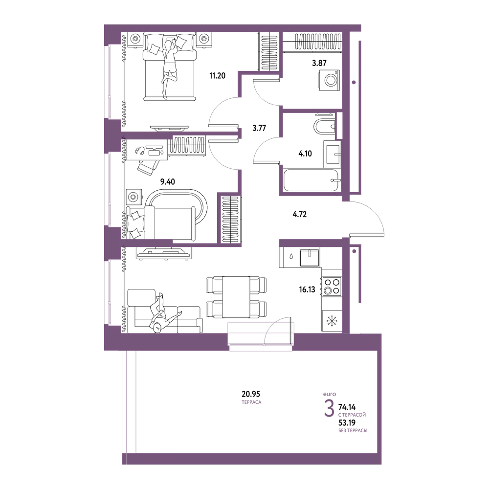 Планировка: Евротрёшка 74,14 м²