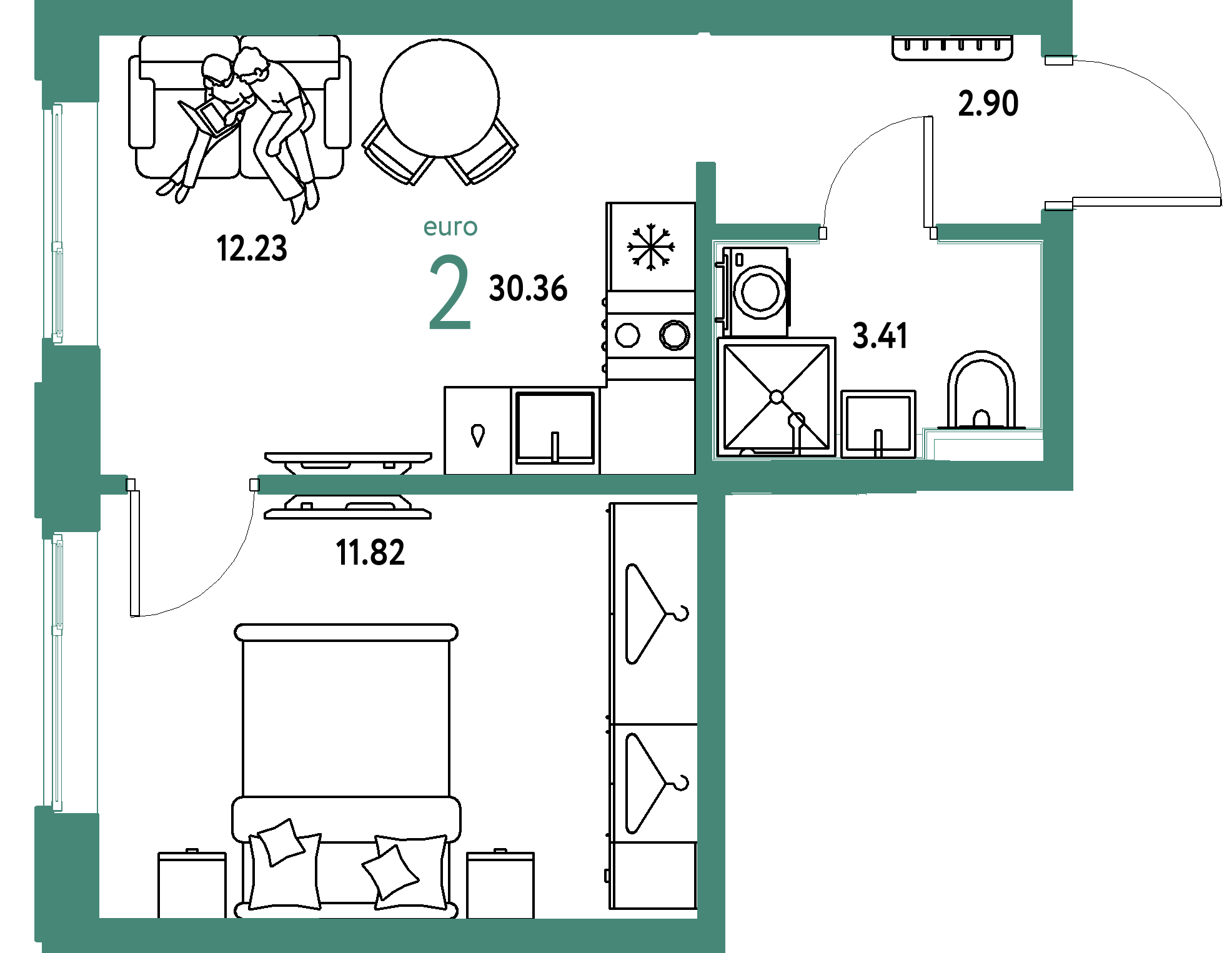 Планировка: Евродвушка 30,36 м² в ЖК «Страна.Прибрежная»