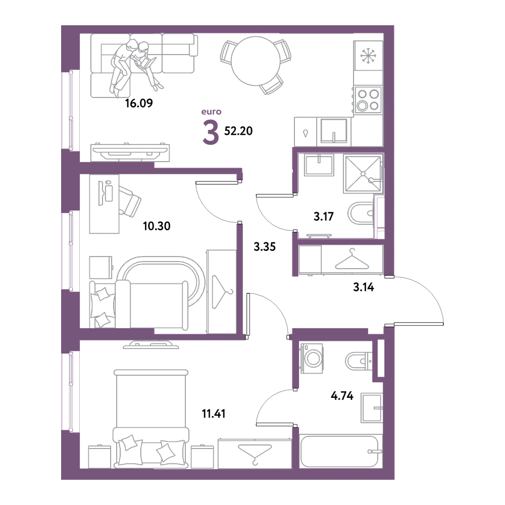 Планировка: Евротрёшка 52,2 м²