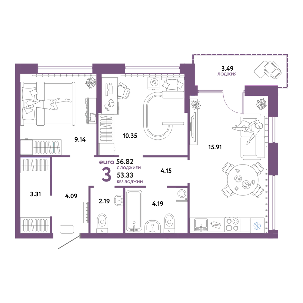 Планировка: Евротрёшка 56,9 м²