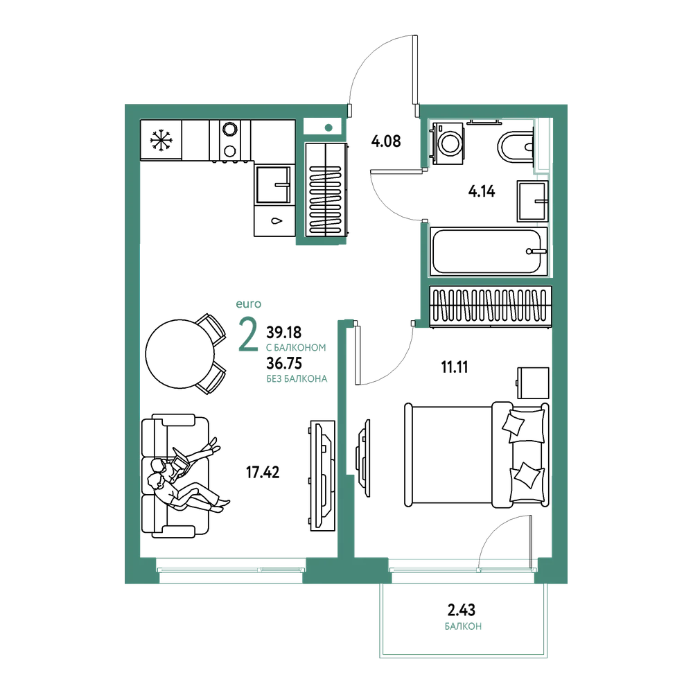 Планировка: Евродвушка 39,18 м²