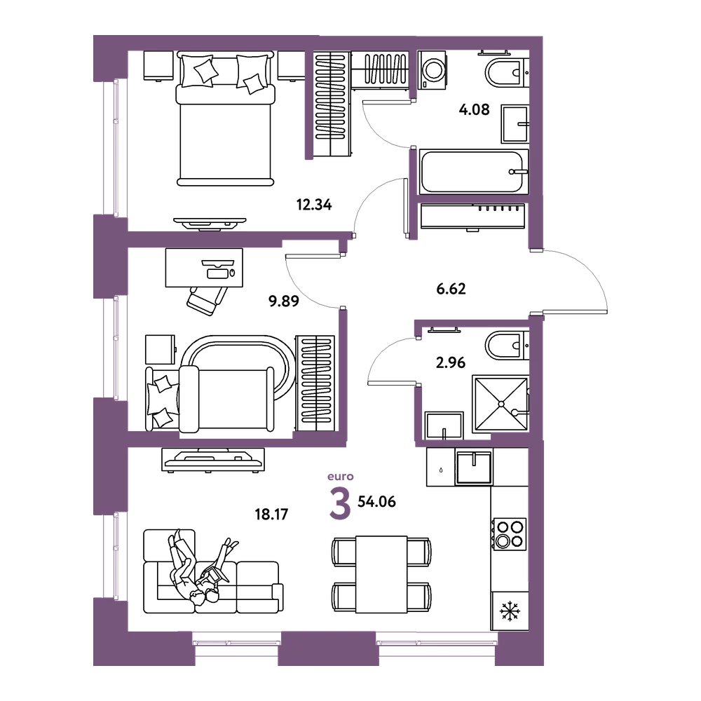 Планировка: Евротрёшка 54,06 м²
