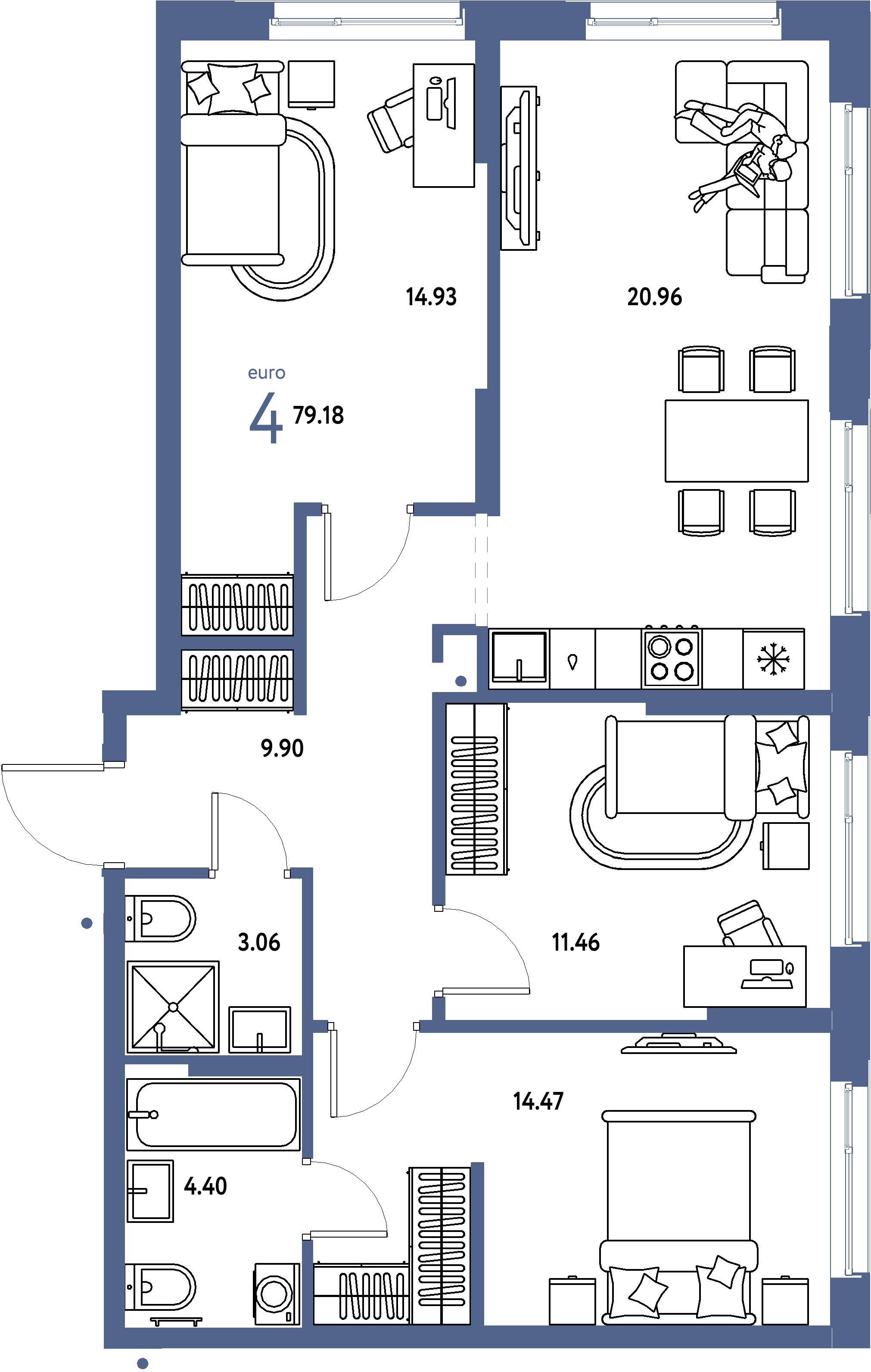Планировка: Евро-4 79,18 м² в ЖК «Домашний»