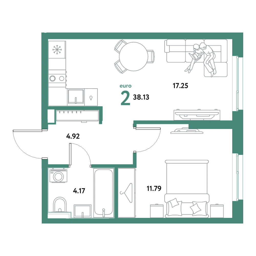Планировка: Евродвушка 38,13 м²