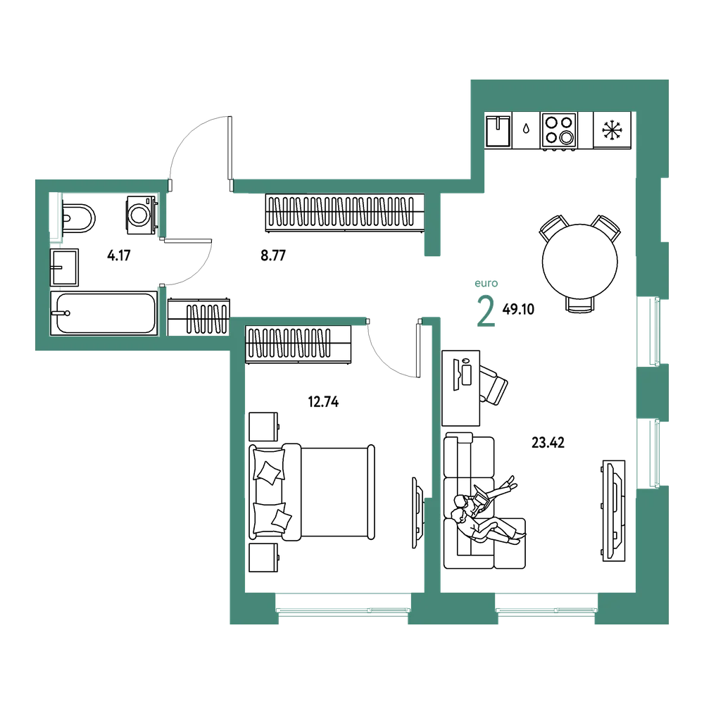 Планировка: Евродвушка 49,1 м²