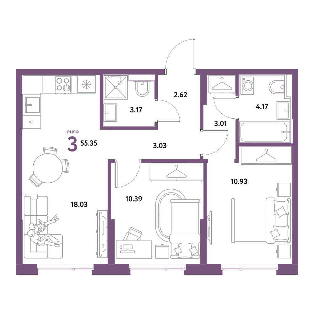 Планировка: Евротрёшка 55,35 м²