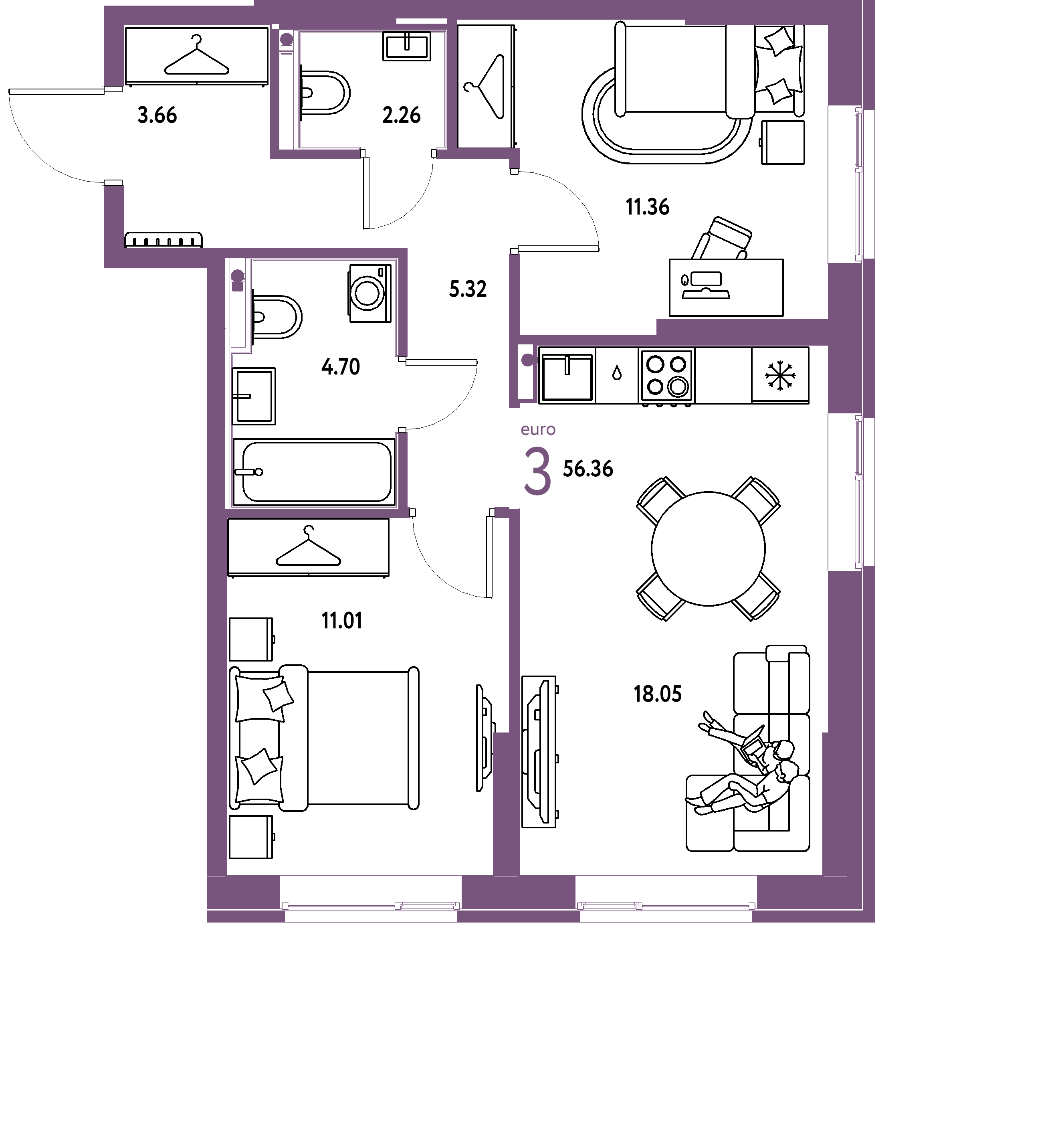 Планировка: Евротрёшка 56,36 м² в ЖК «Европейский берег 2.0»