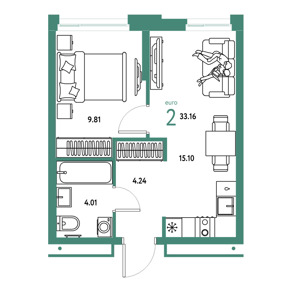 Планировка: Евродвушка 33,16 м²
