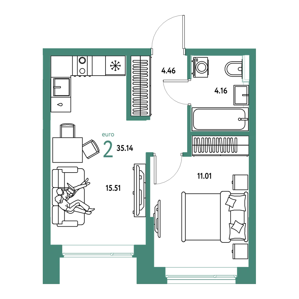 Планировка: Евродвушка 35,14 м²