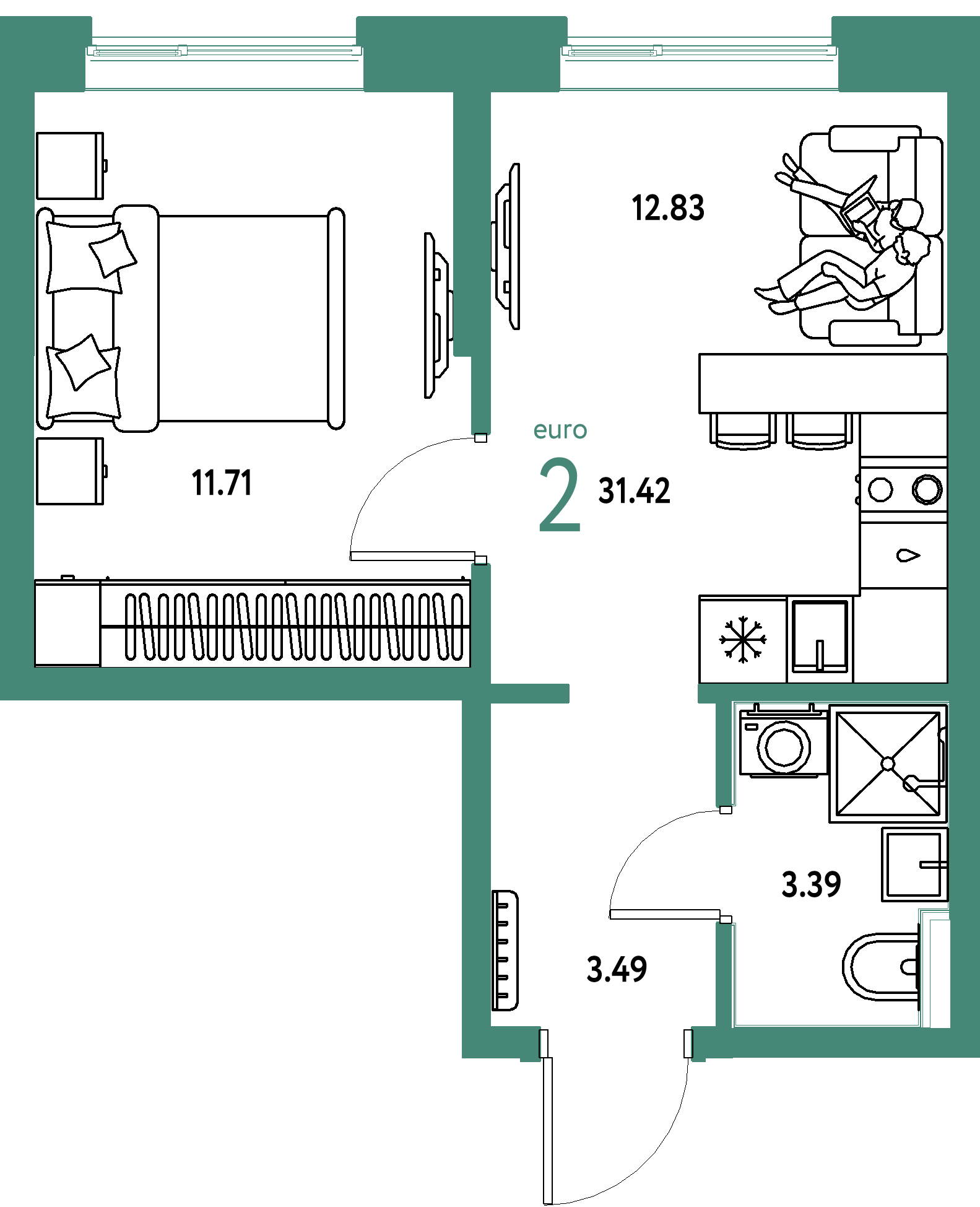 Планировка: Евродвушка 31,42 м² в ЖК «Остров-сад»