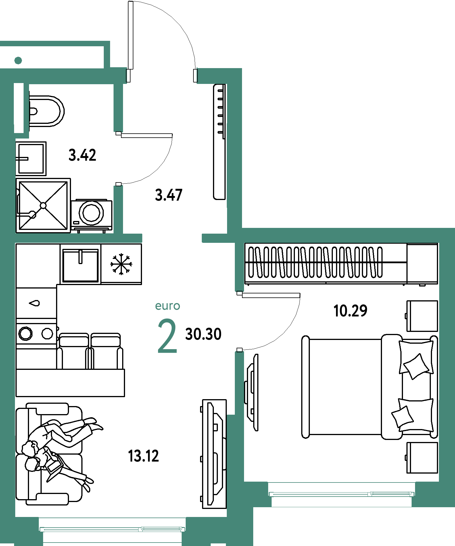 Планировка: Евродвушка 30,3 м² в ЖК «Страна.Прибрежная»