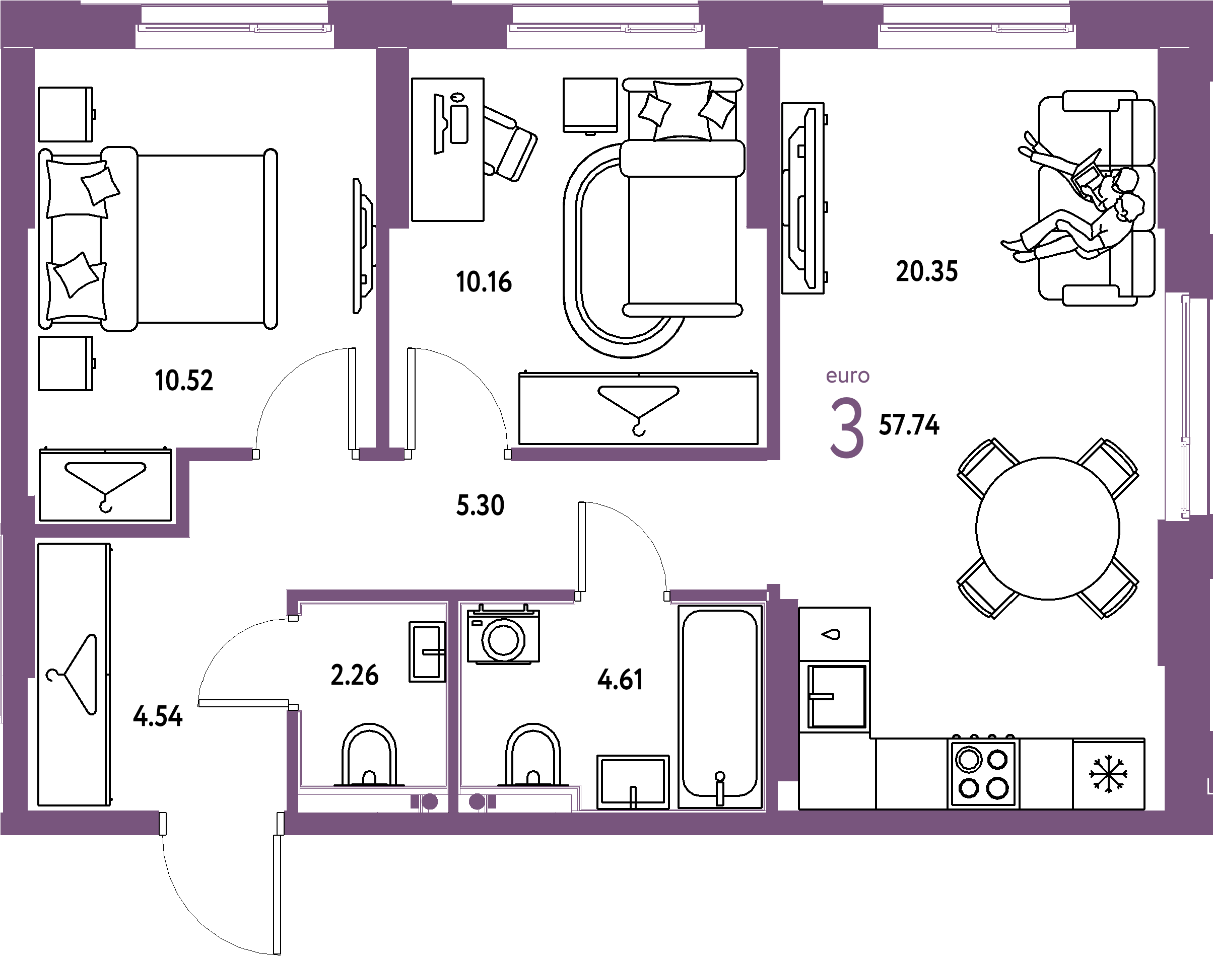 Планировка: Евротрёшка 57,74 м² в ЖК «Европейский берег 2.0»