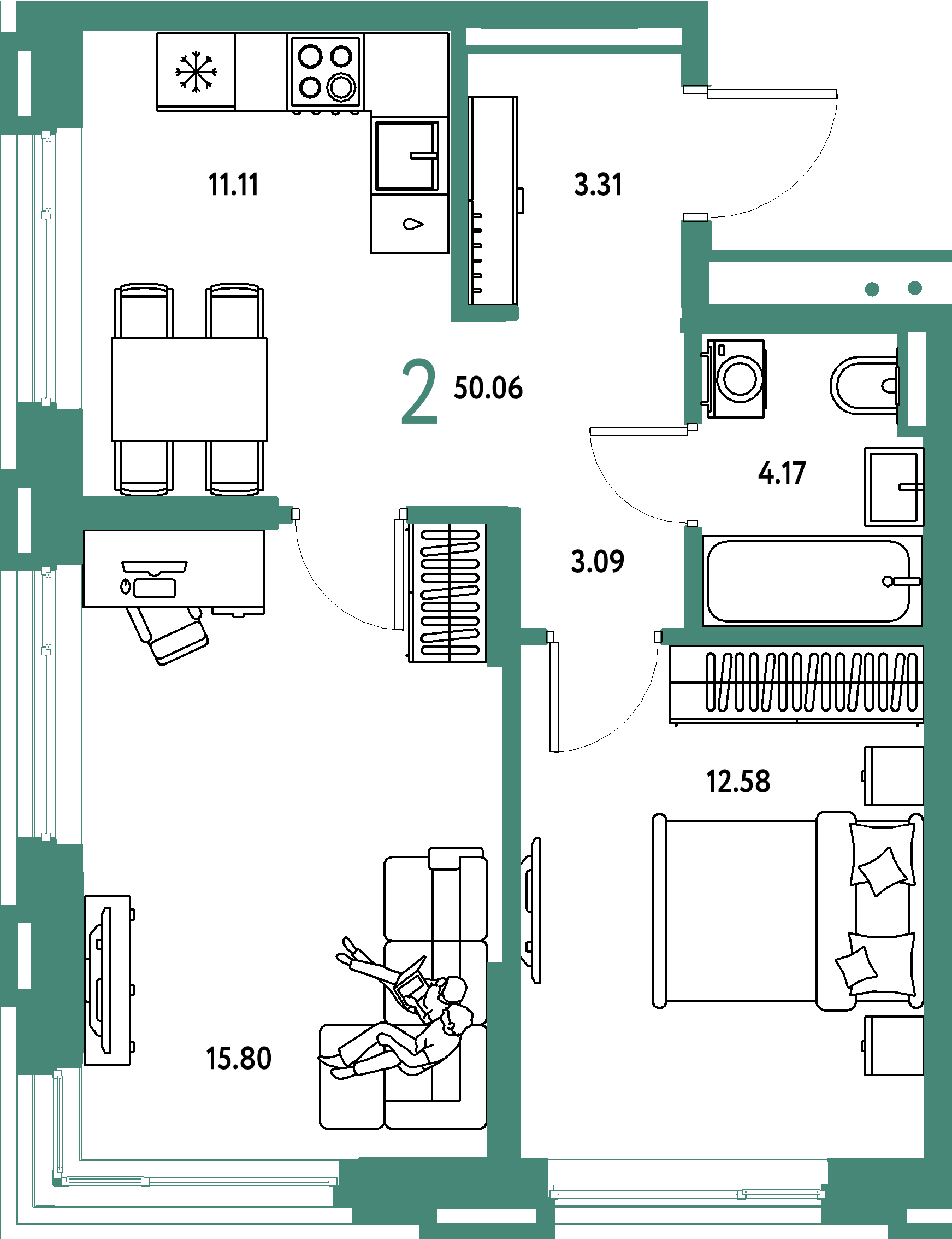 Планировка: 2-комнатная 50,06 м² в ЖК «Страна.Прибрежная»