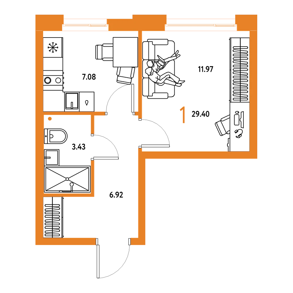 Планировка: 1-комнатная 29,4 м²