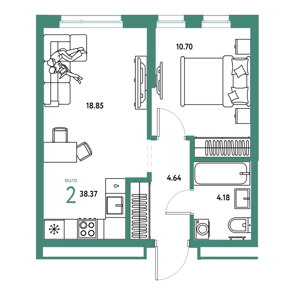 Планировка: Евродвушка 38,37 м²