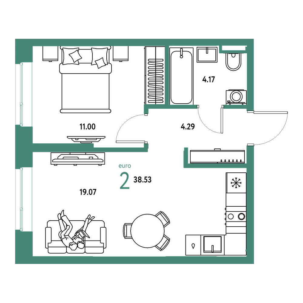 Планировка: Евродвушка 38,53 м²