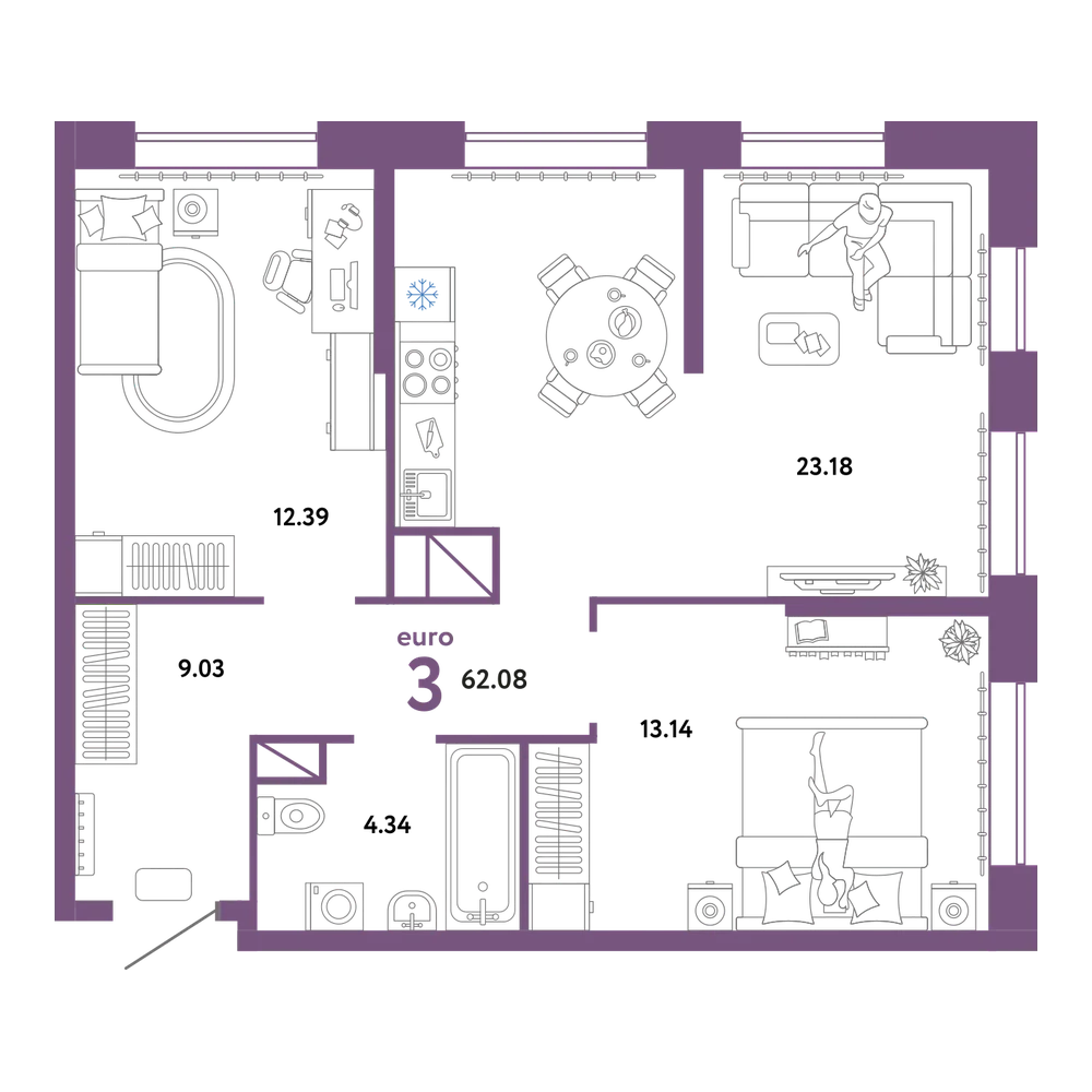 Планировка: Евротрёшка 62,08 м²