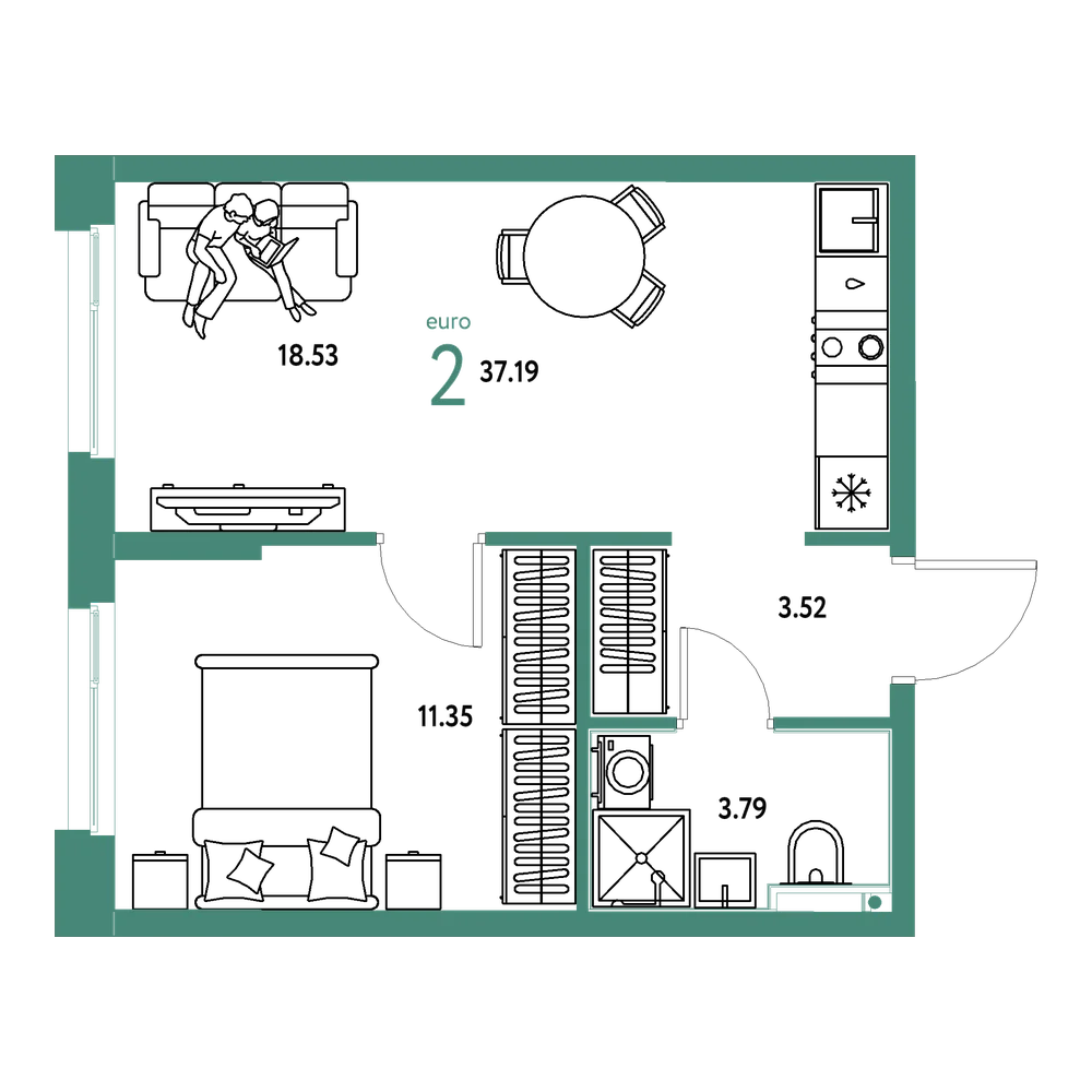 Планировка: Евродвушка 37,19 м²
