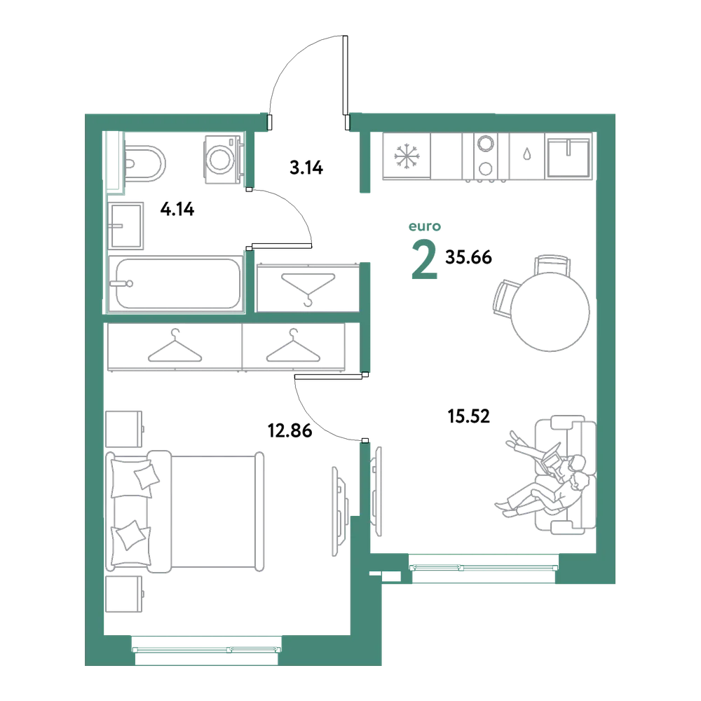 Планировка: Евродвушка 35,66 м²