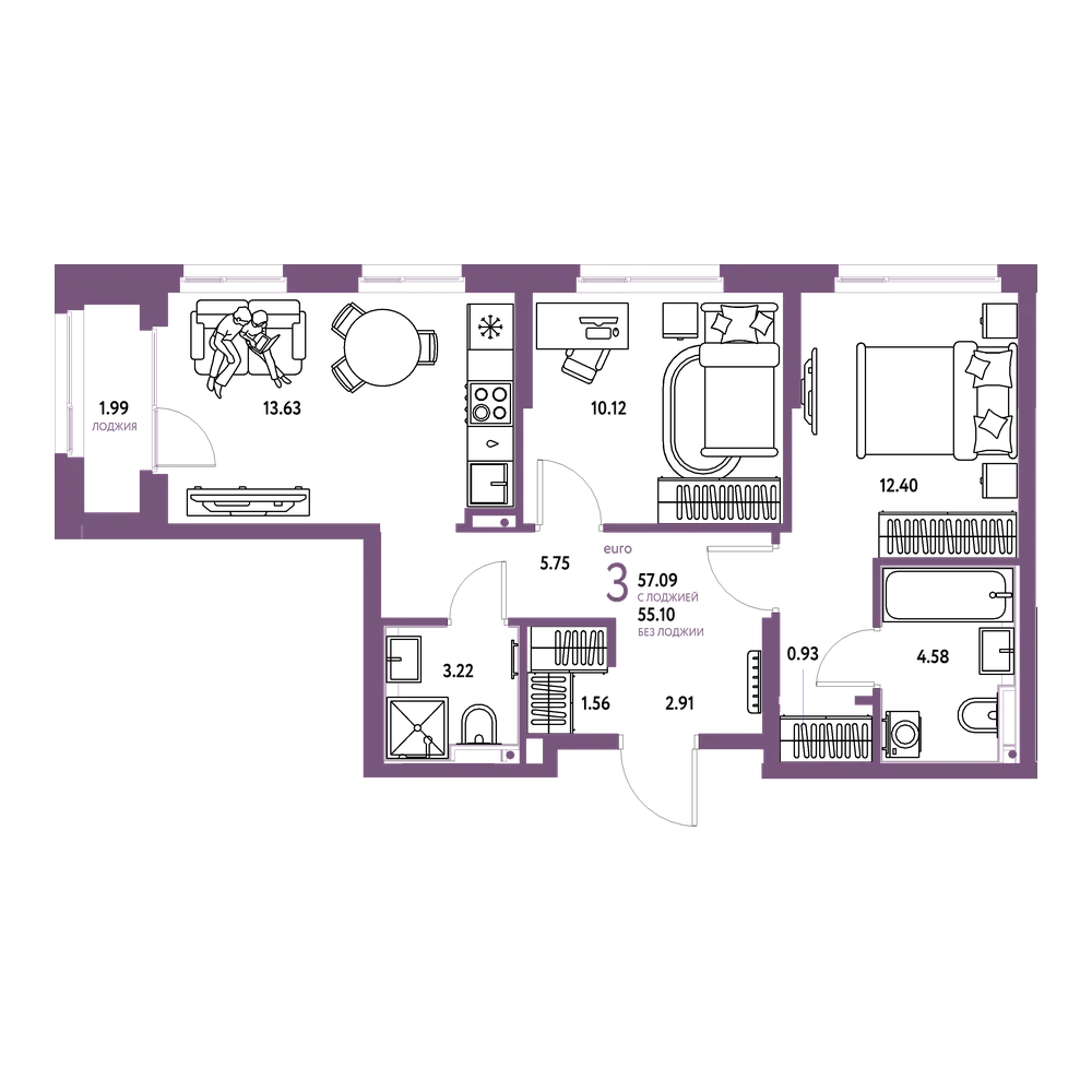 Планировка: Евротрёшка 57,09 м²